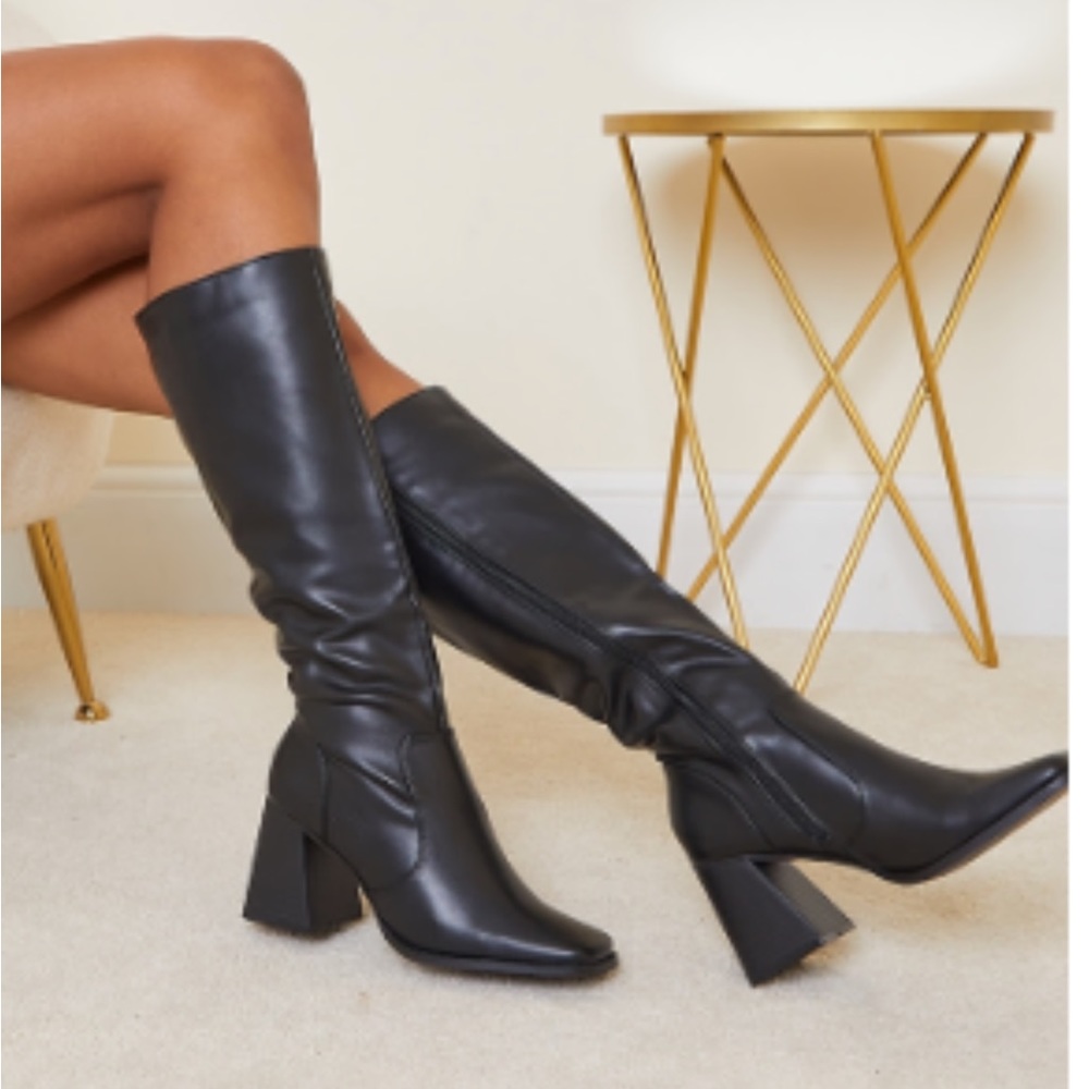 Black Square Toe Flare Block Heel Knee High Boots
